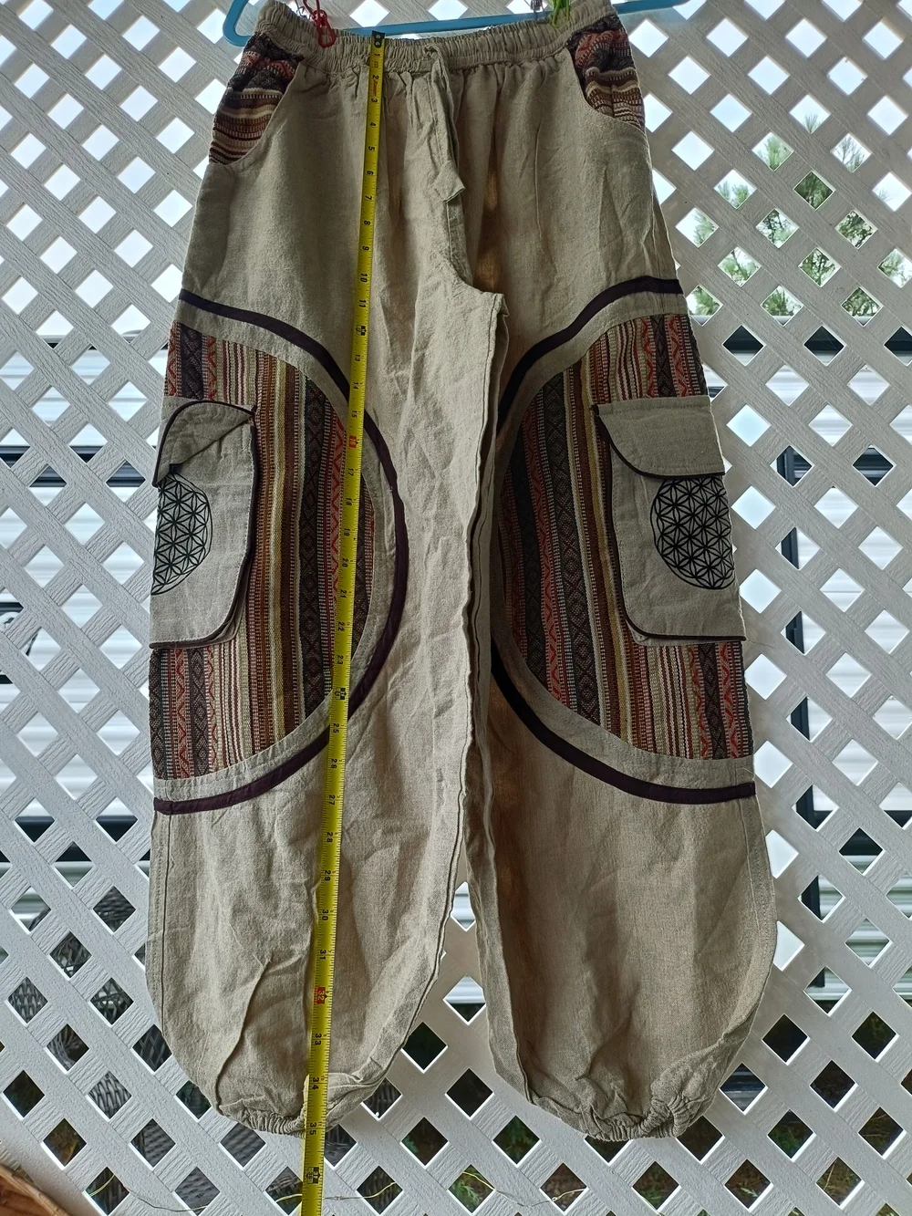 Bohemian Beige Men’s Cargo Pants with Patterned Panels